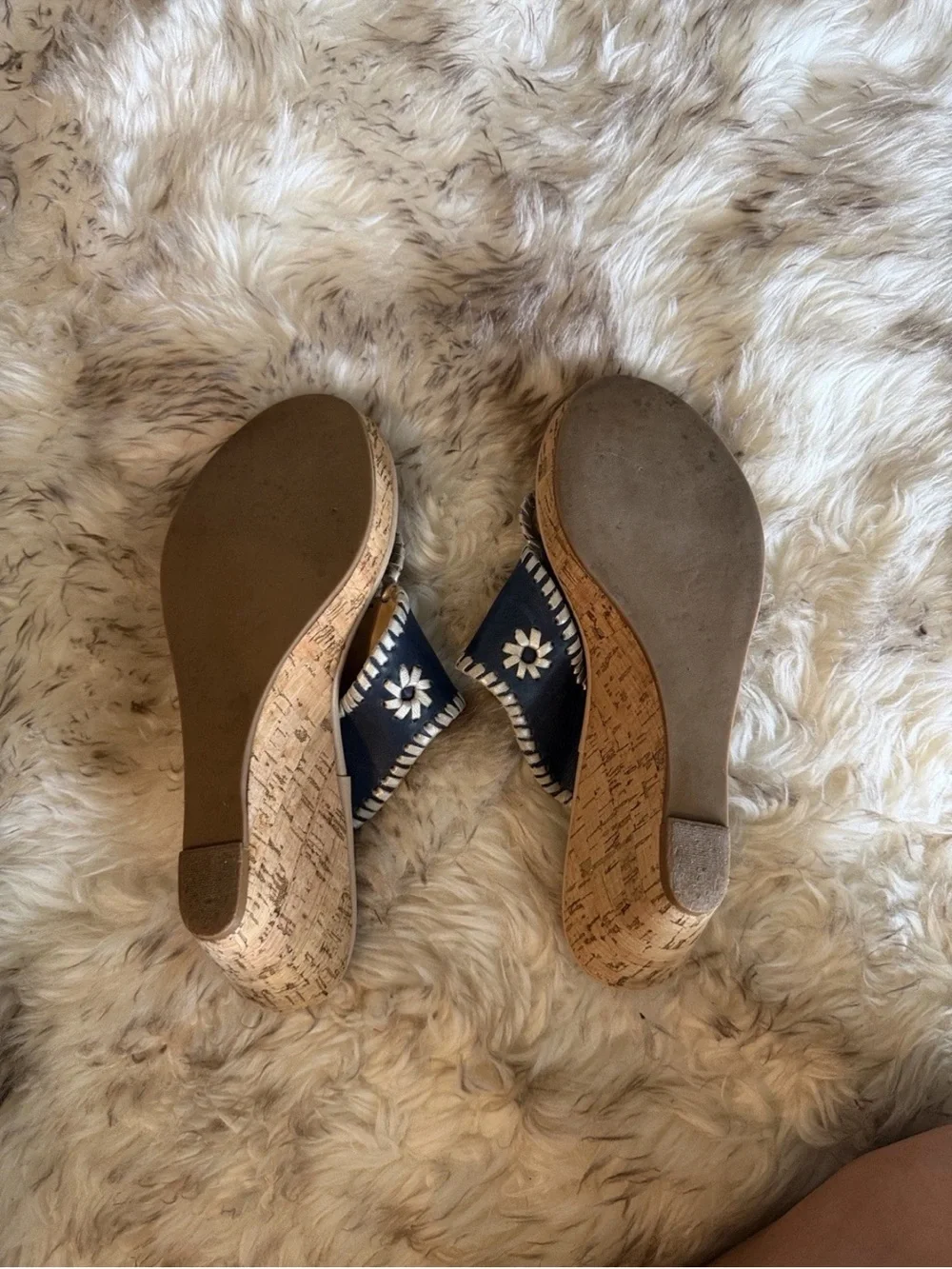 Jack Rogers Navy Blue & silver leather Wedge cork thing slip on hampton Sandals